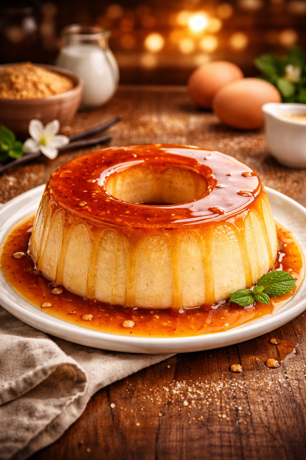 Pudim de 3 ingredientes cremoso com calda de caramelo escorrendo