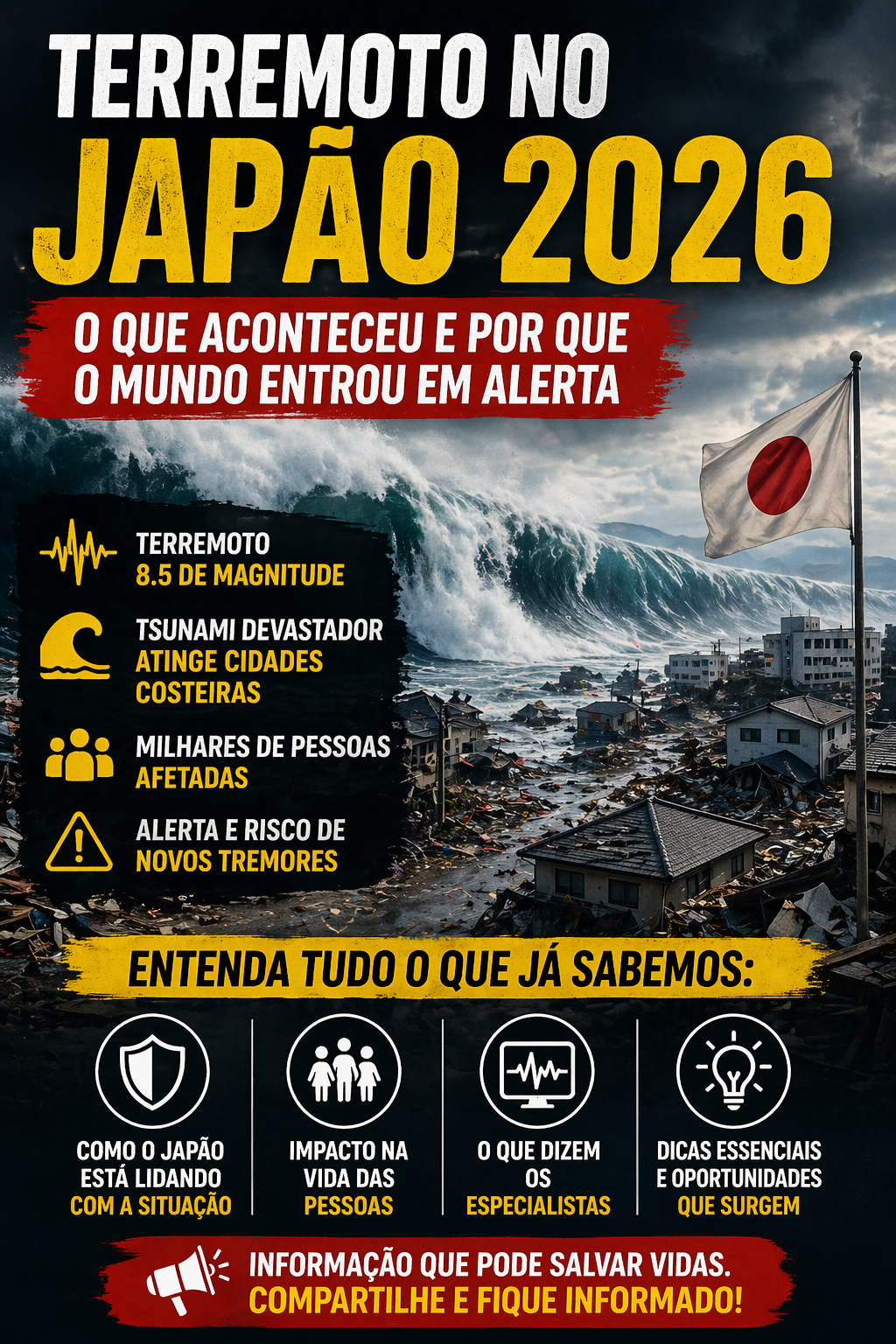 Onda gigante de tsunami e terremoto