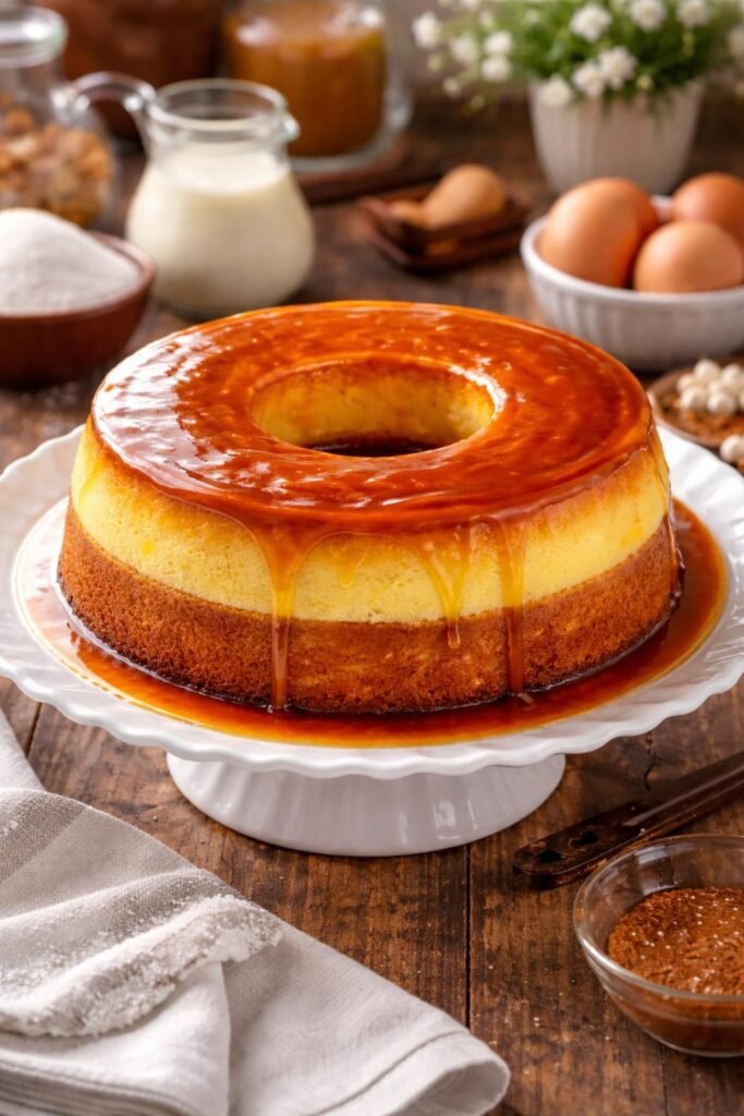 bolo de pudim servido em mesa posta