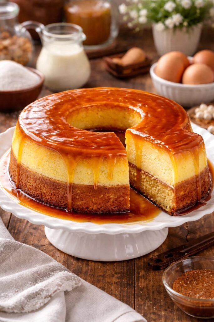 bolo de pudim servico em mesa posta