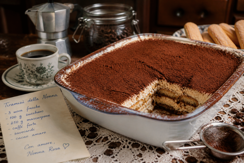 receita e tiramisu na mesa